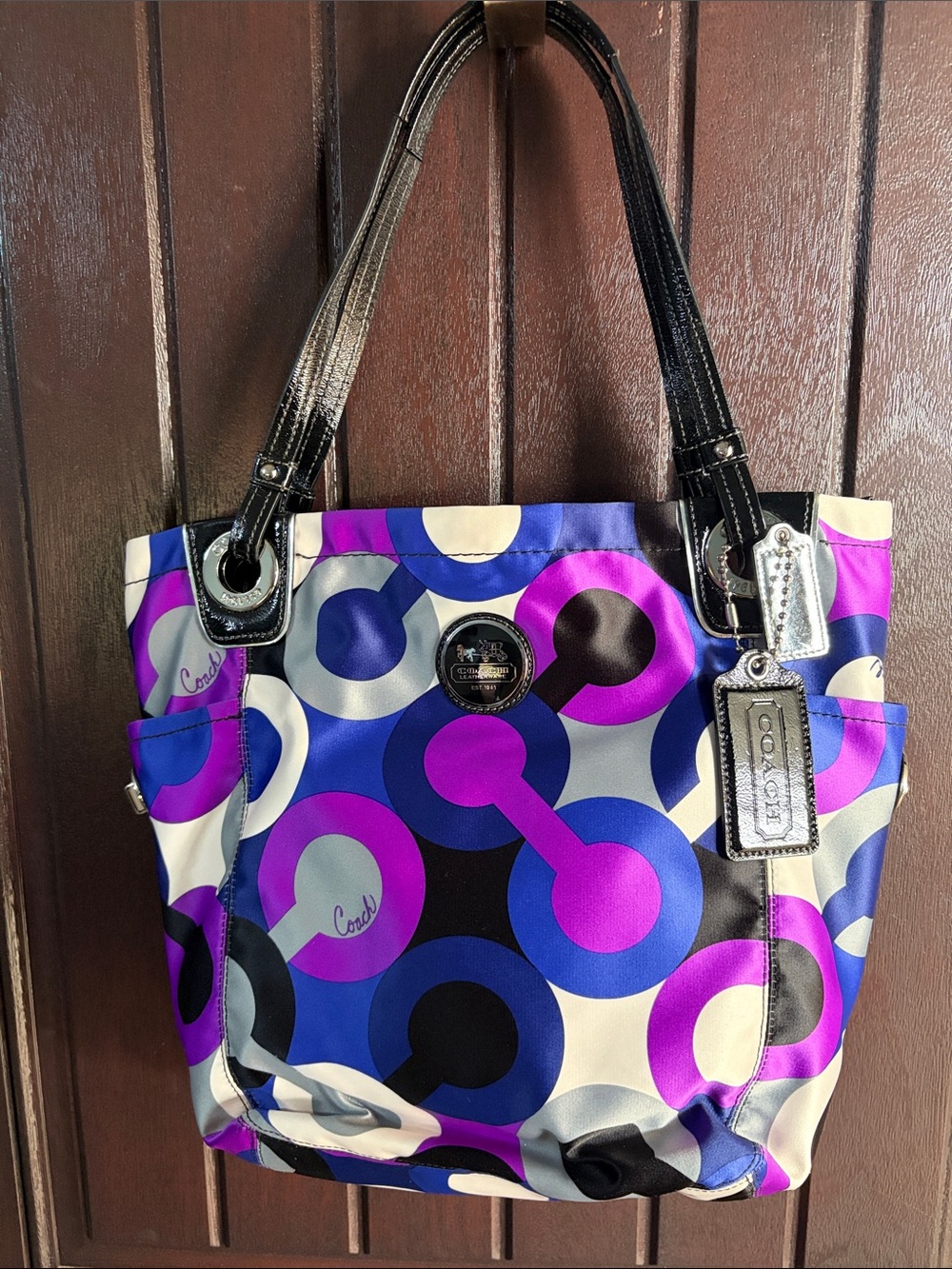 Coach Purple, Blue & Black Circle-Print Shoulder Tote